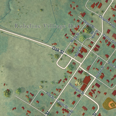 Close-up of the map of Robeline, Louisiana print showing street and building detail