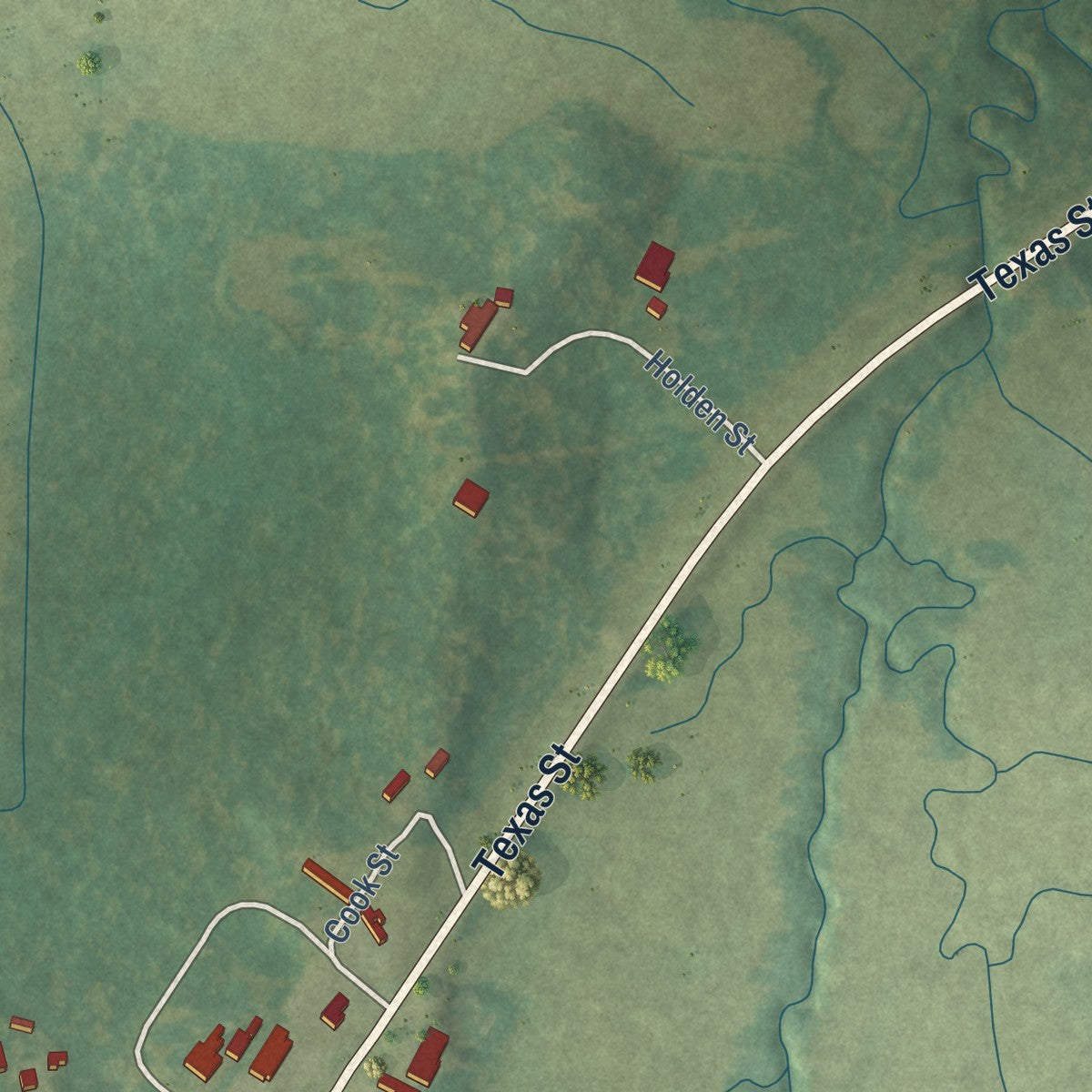 Second close-up of the map of Robeline, Louisiana print showing more streets and buildings