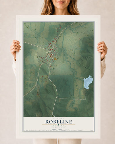 Map of Robeline, Louisiana, 24 x 36 inch print in a white wood frame