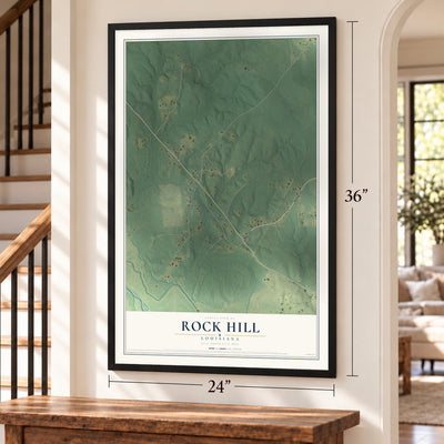 Rock Hill, Louisiana map, 24 x 36 inch print in a black frame by a staircase