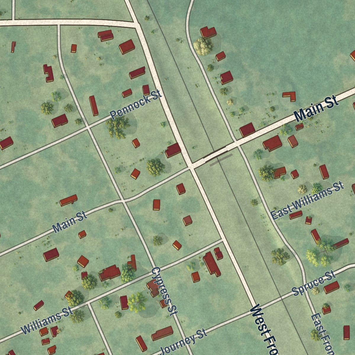 Close-up of the map of Rodessa, Louisiana print showing street and building detail