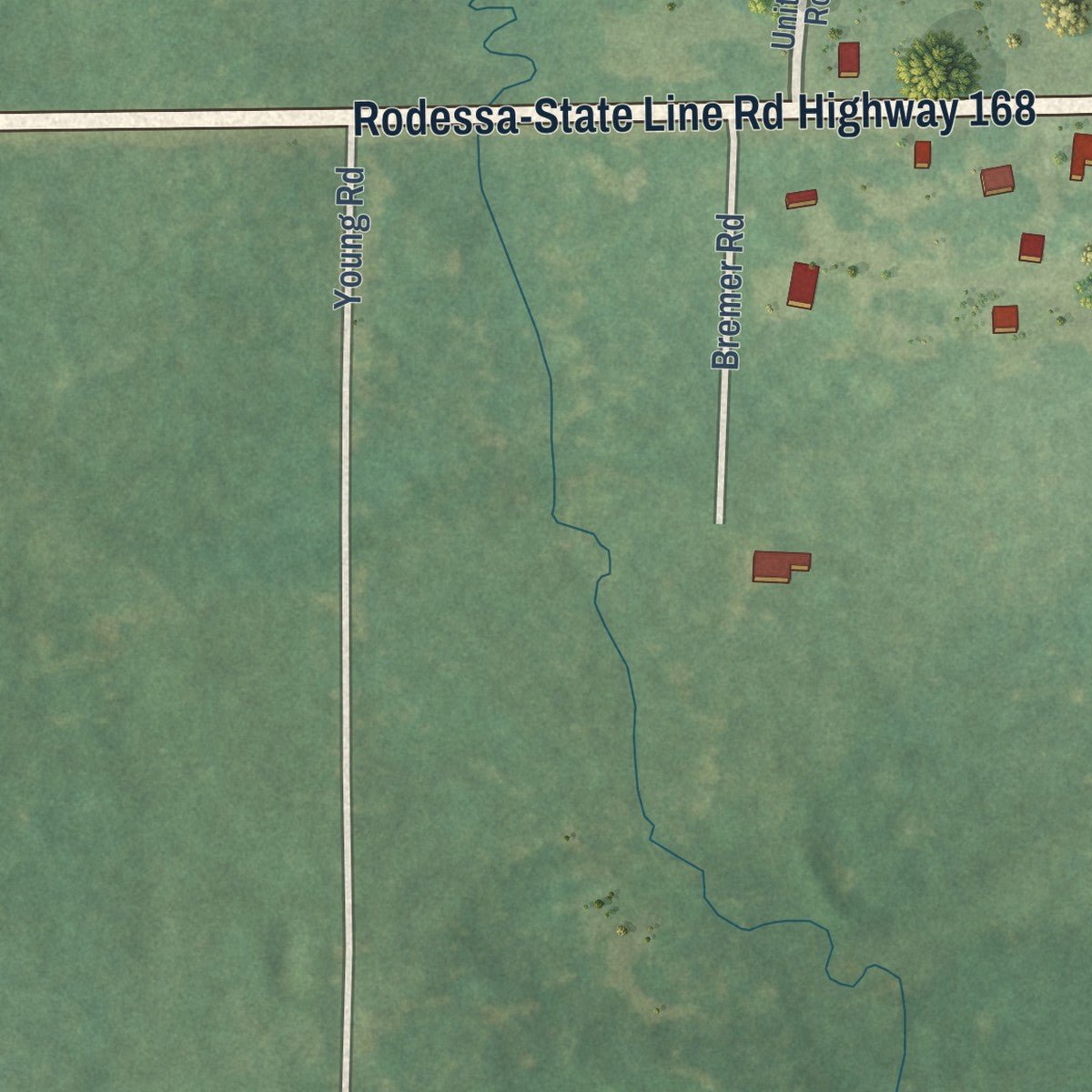 Second close-up of the map of Rodessa, Louisiana print showing more streets and buildings