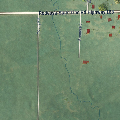 Second close-up of the map of Rodessa, Louisiana print showing more streets and buildings