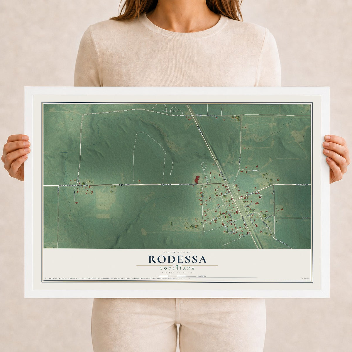 Map of Rodessa, Louisiana, 12 x 18 inch print in a white wood frame