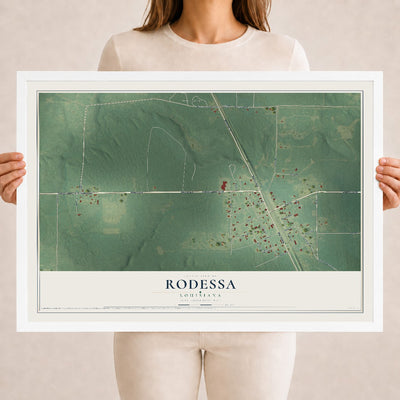 Map of Rodessa, Louisiana, 18 x 24 inch print in a white wood frame