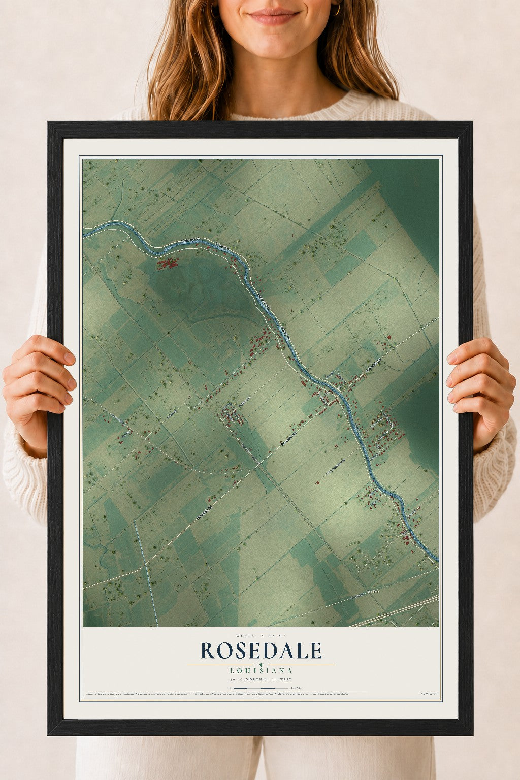 Map of Rosedale, Louisiana, 18 x 24 inch print in a black wood frame