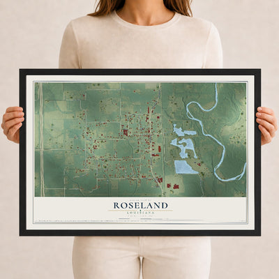 Map of Roseland, Louisiana, 12 x 18 inch print in a black wood frame
