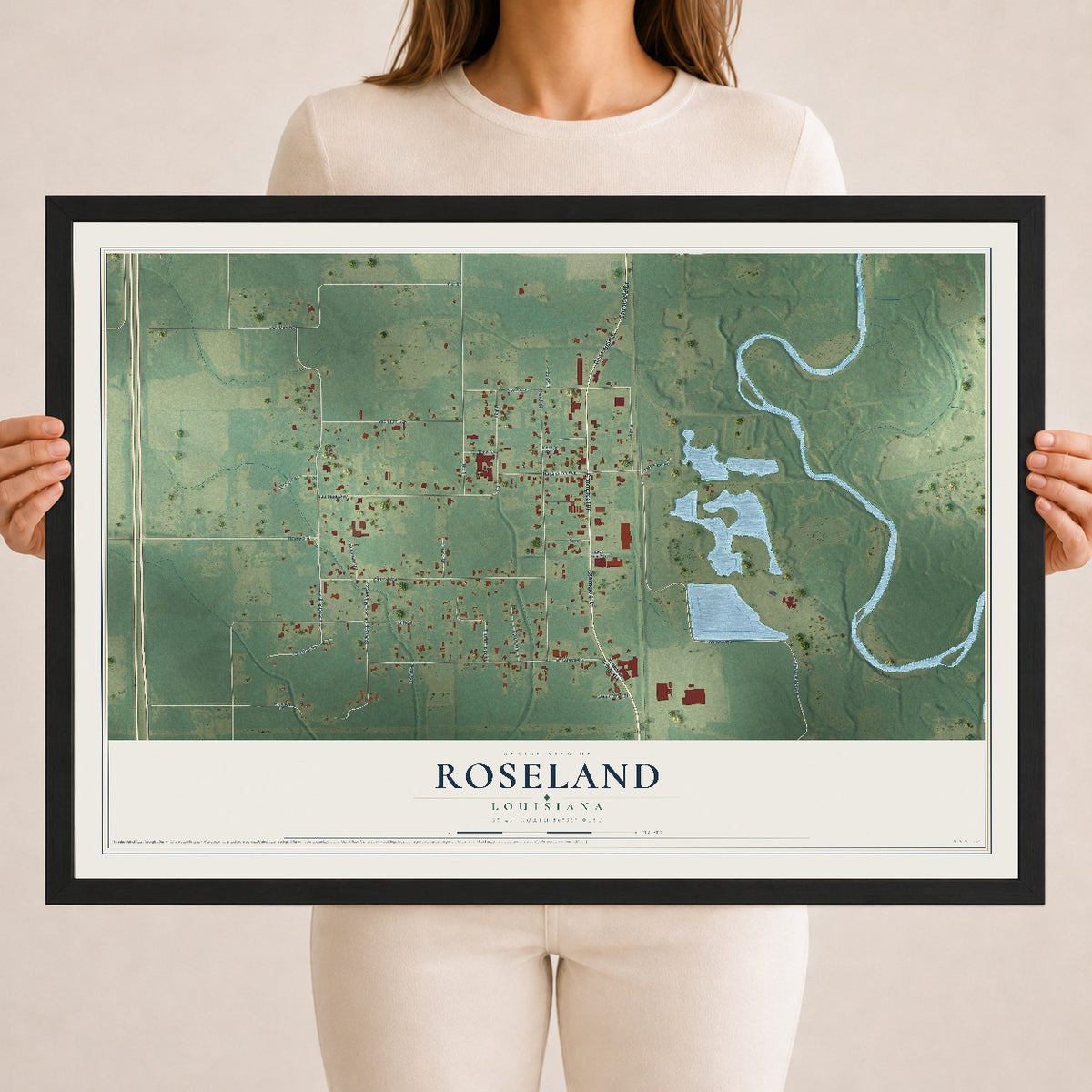Map of Roseland, Louisiana, 18 x 24 inch print in a black wood frame