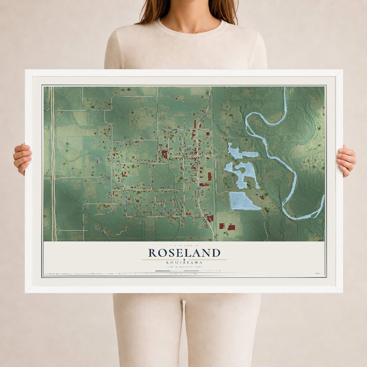 Map of Roseland, Louisiana, 24 x 36 inch print in a white wood frame
