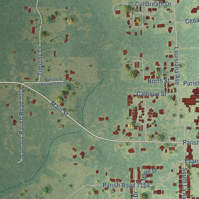 Close-up of the map of Rosepine, Louisiana print showing street and building detail