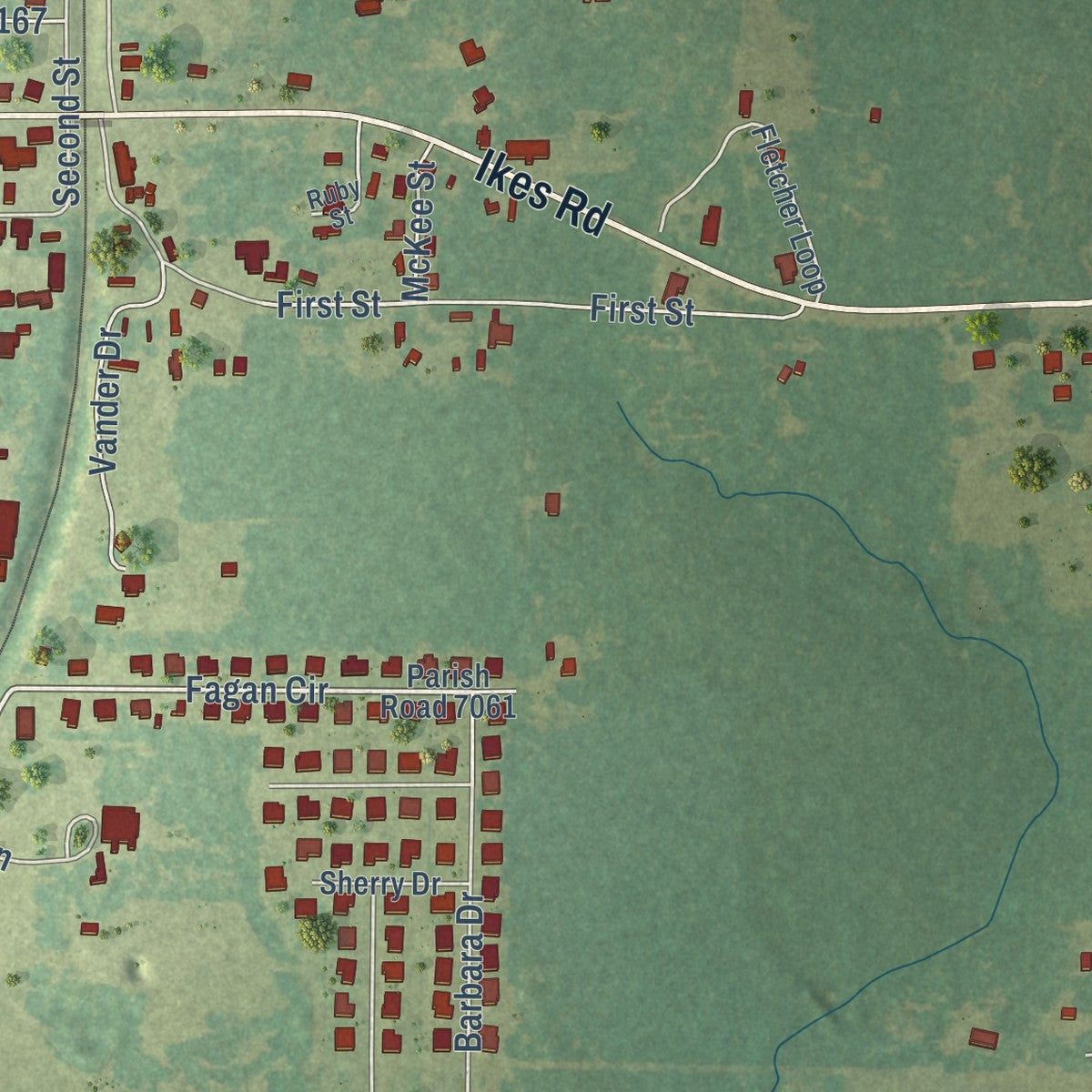Second close-up of the map of Rosepine, Louisiana print showing more streets and buildings