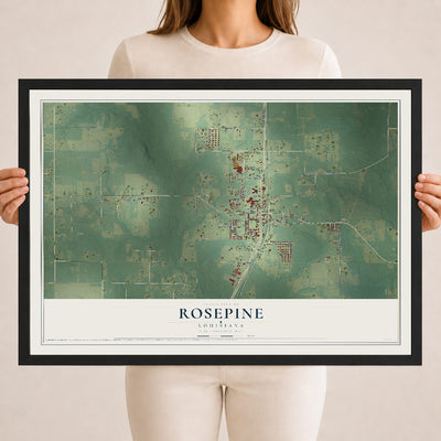 Map of Rosepine, Louisiana, 18 x 24 inch print in a black wood frame