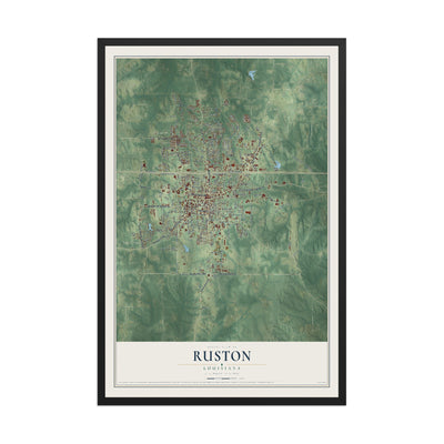 Map of Ruston, Louisiana, 12 x 18 inch print in a black wood frame