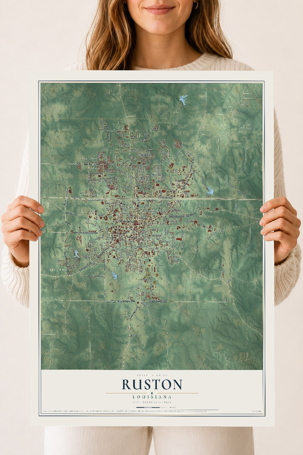 Map of Ruston, Louisiana, 18 x 24 inch unframed archival matte print