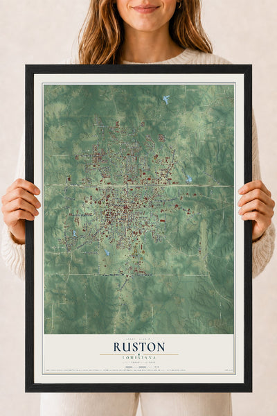 Map of Ruston, Louisiana, 18 x 24 inch print in a black wood frame