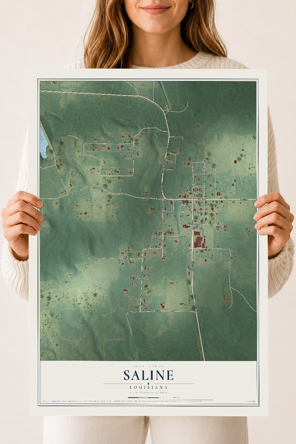 Map of Saline, Louisiana, 18 x 24 inch unframed archival matte print