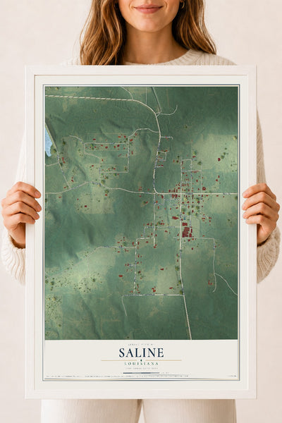 Map of Saline, Louisiana, 18 x 24 inch print in a white wood frame
