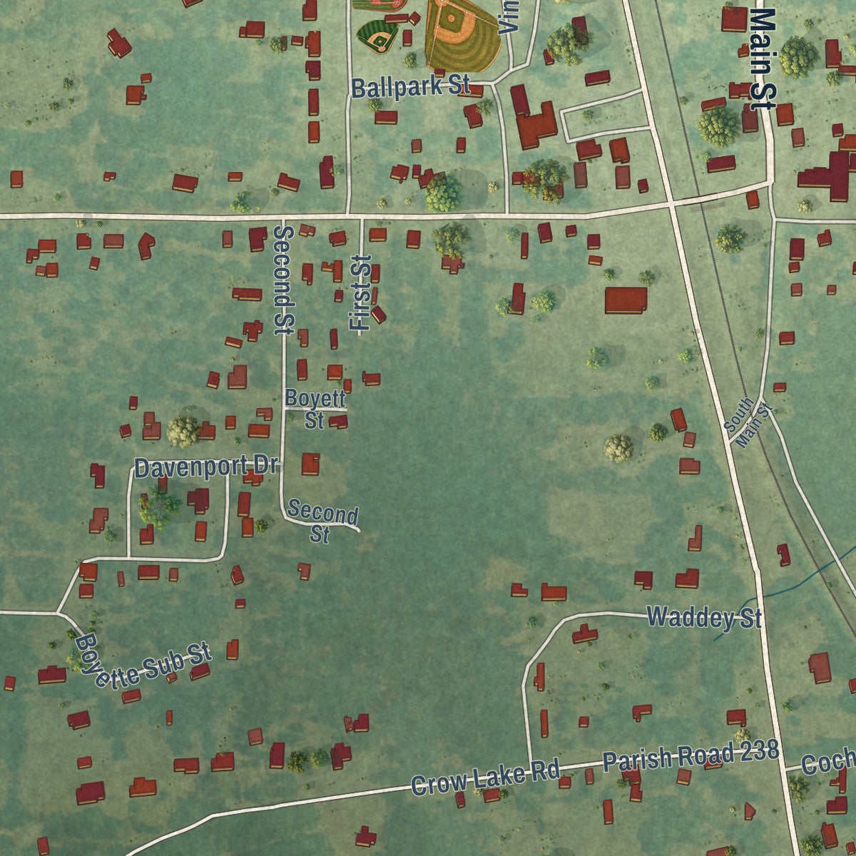 Second close-up of the map of Sarepta, Louisiana print showing more streets and buildings