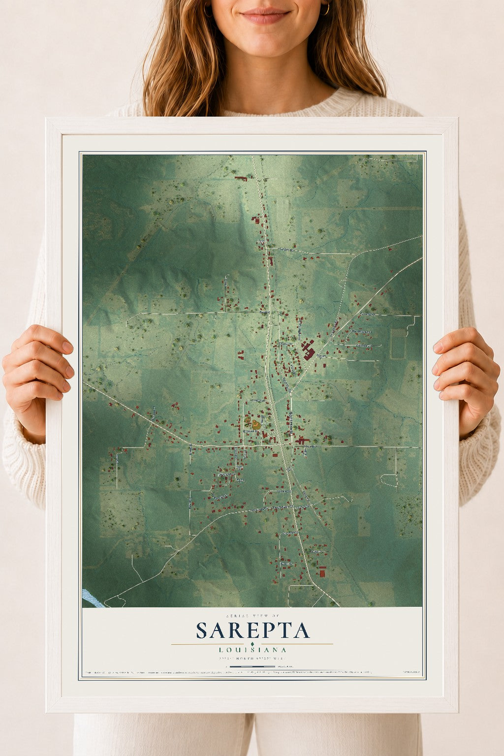 Map of Sarepta, Louisiana, 18 x 24 inch print in a white wood frame