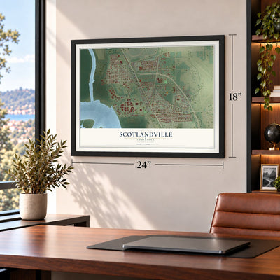Scotlandville, Louisiana map, 18 x 24 inch print in a black frame in a home office