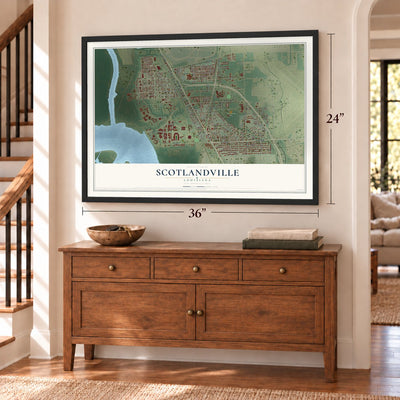 Scotlandville, Louisiana map, 24 x 36 inch print in a black frame above a dresser by a staircase