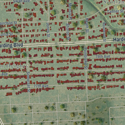 Close-up of the map of Scotlandville, Louisiana print showing street and building detail