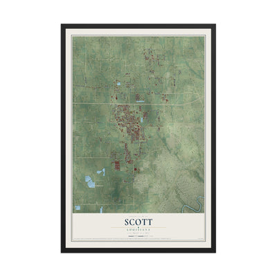 Map of Scott, Louisiana, 12 x 18 inch print in a black wood frame