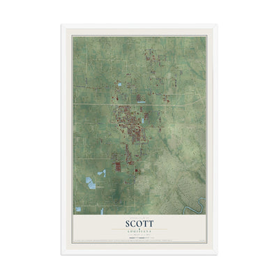 Map of Scott, Louisiana, 12 x 18 inch print in a white wood frame