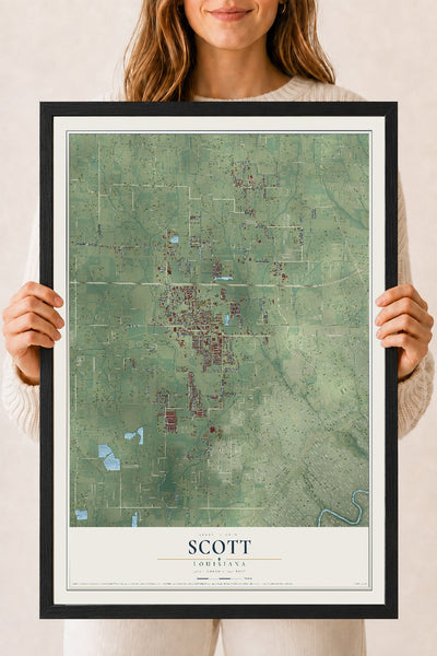 Map of Scott, Louisiana, 18 x 24 inch print in a black wood frame
