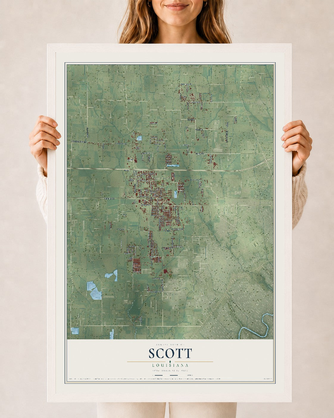 Map of Scott, Louisiana, 24 x 36 inch print in a white wood frame