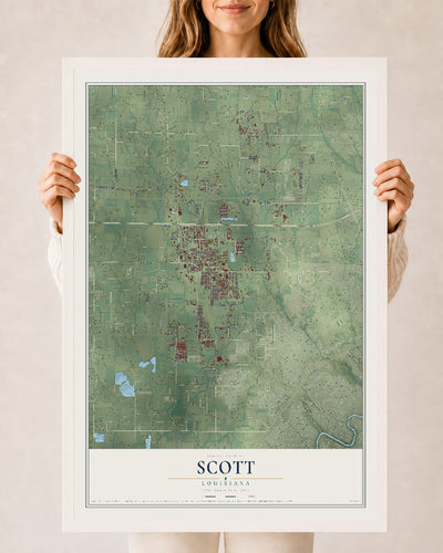 Map of Scott, Louisiana, 24 x 36 inch print in a white wood frame
