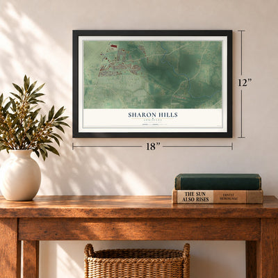 Sharon Hills, Louisiana map, 12 x 18 inch print in a black frame in an entryway