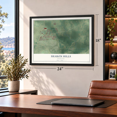 Sharon Hills, Louisiana map, 18 x 24 inch print in a black frame in a home office