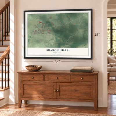 Sharon Hills, Louisiana map, 24 x 36 inch print in a black frame above a dresser by a staircase