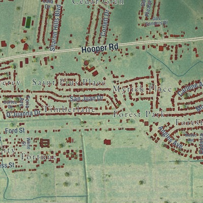 Close-up of the map of Sharon Hills, Louisiana print showing street and building detail