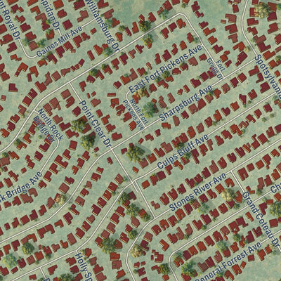 Close-up of the map of Shenandoah, Louisiana print showing street and building detail