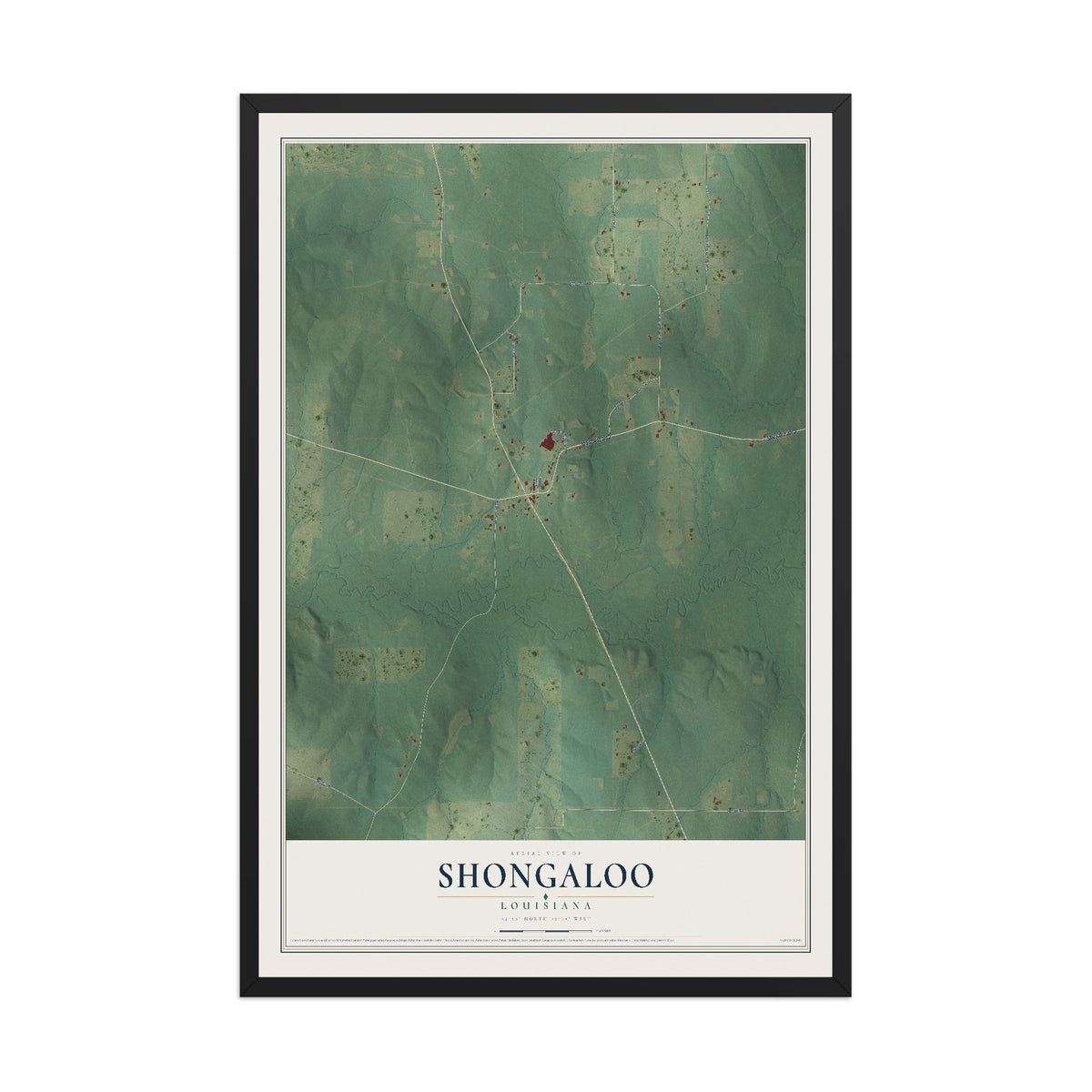 Map of Shongaloo, Louisiana, 12 x 18 inch print in a black wood frame