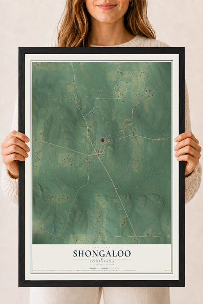 Map of Shongaloo, Louisiana, 18 x 24 inch print in a black wood frame