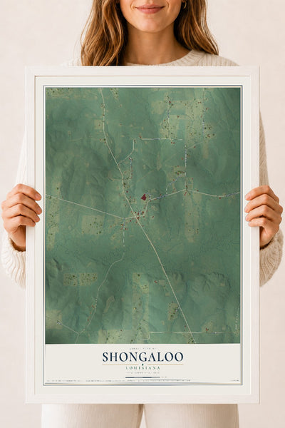 Map of Shongaloo, Louisiana, 18 x 24 inch print in a white wood frame