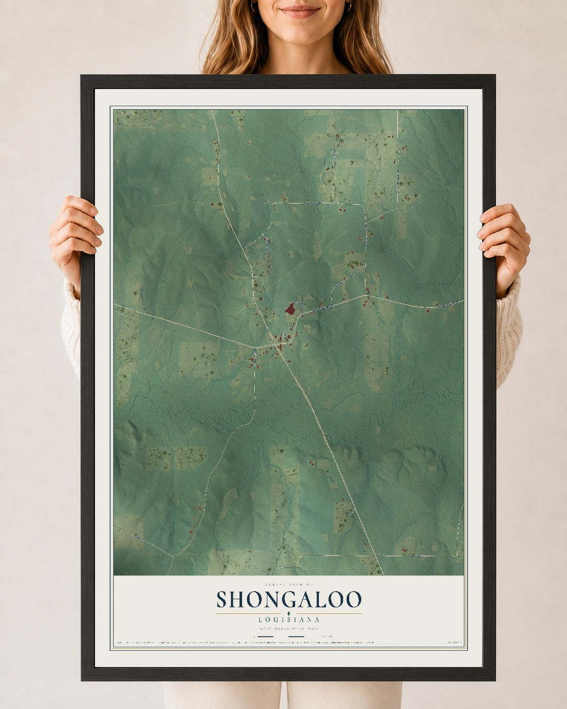 Map of Shongaloo, Louisiana, 24 x 36 inch print in a black wood frame