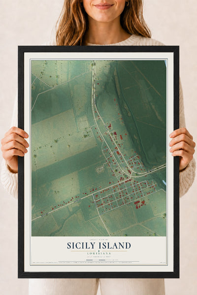 Map of Sicily Island, Louisiana, 18 x 24 inch print in a black wood frame