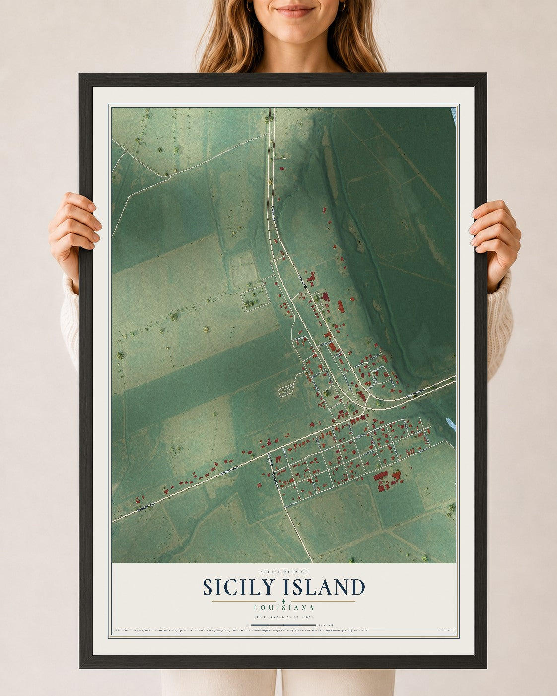 Map of Sicily Island, Louisiana, 24 x 36 inch print in a black wood frame