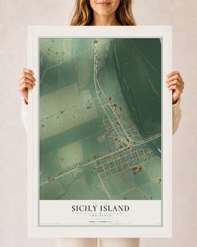 Map of Sicily Island, Louisiana, 24 x 36 inch print in a white wood frame