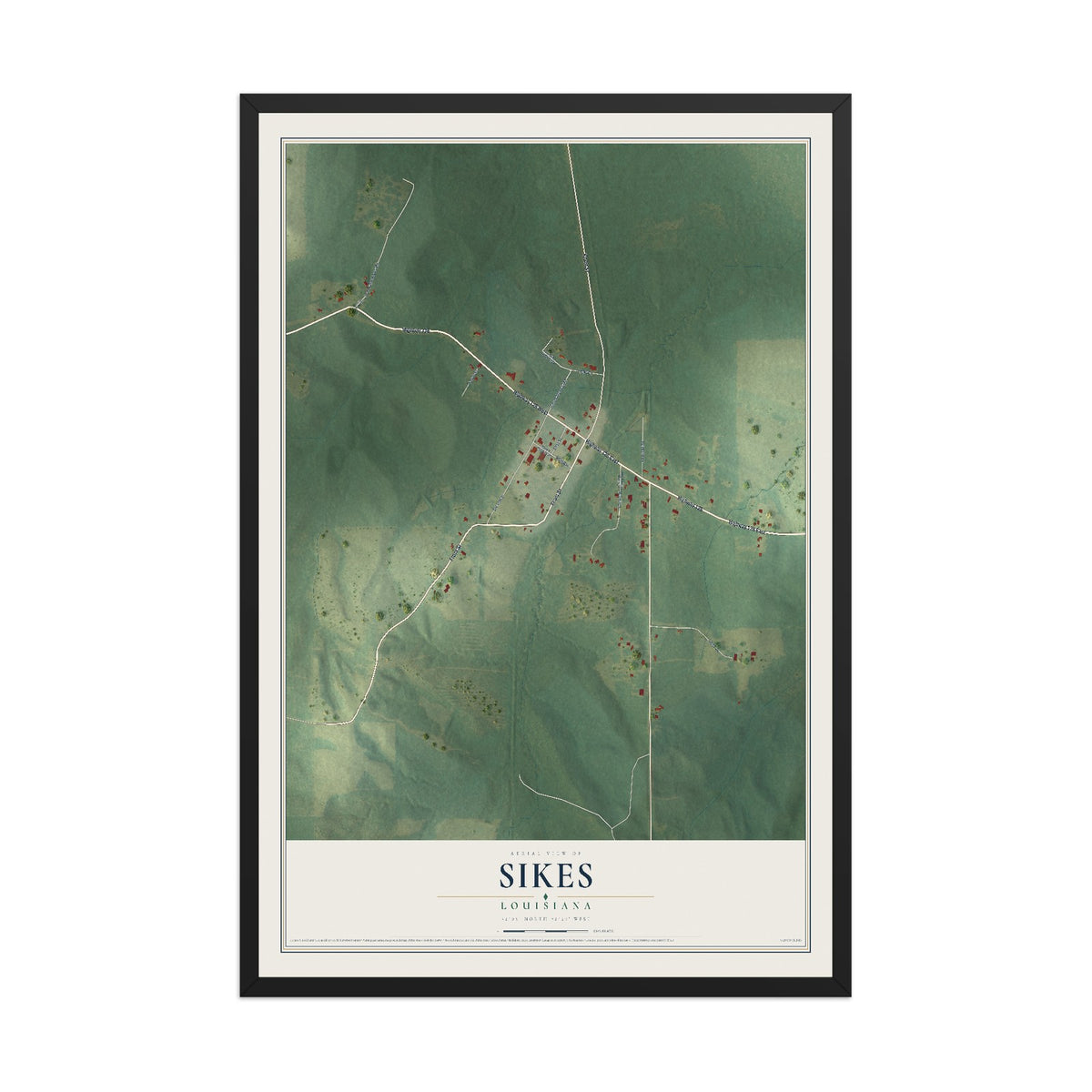 Map of Sikes, Louisiana, 12 x 18 inch print in a black wood frame