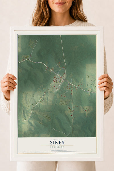 Map of Sikes, Louisiana, 18 x 24 inch print in a white wood frame