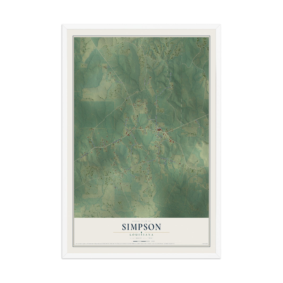 Map of Simpson, Louisiana, 12 x 18 inch print in a white wood frame