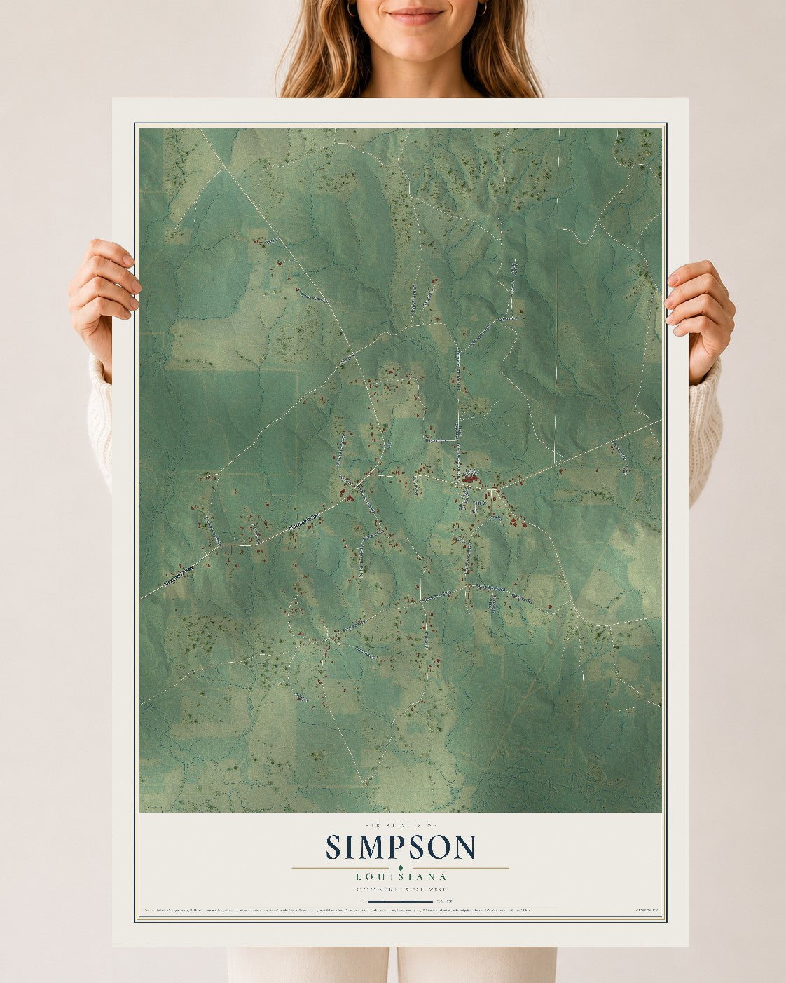 Map of Simpson, Louisiana, 24 x 36 inch unframed archival matte print