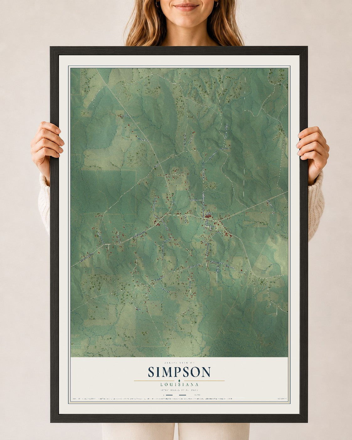Map of Simpson, Louisiana, 24 x 36 inch print in a black wood frame