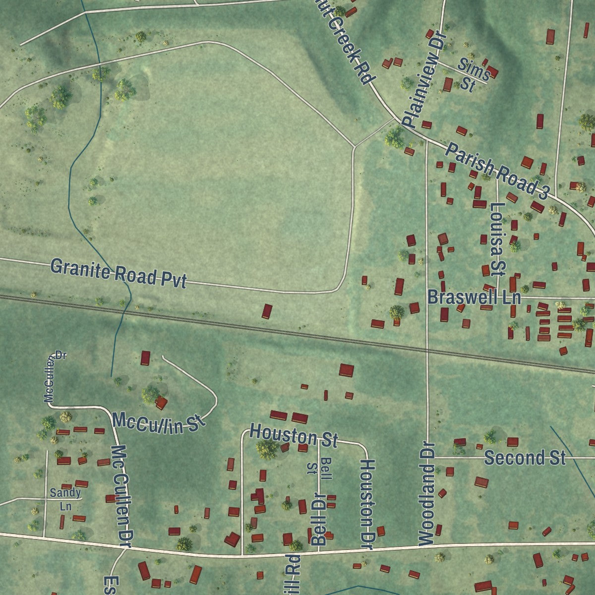 Close-up of the map of Simsboro, Louisiana print showing street and building detail