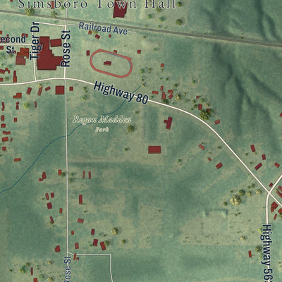 Second close-up of the map of Simsboro, Louisiana print showing more streets and buildings